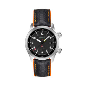 Bremont, Martin-Baker MBII with a 43mm stainless steel case and black and orange rubber strap featuring a date function and a black dial.