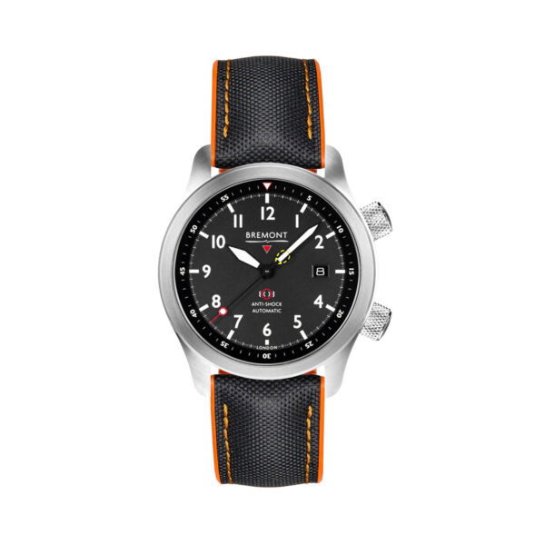 Bremont, Martin-Baker MBII with a 43mm stainless steel case and black and orange rubber strap featuring a date function and a black dial.