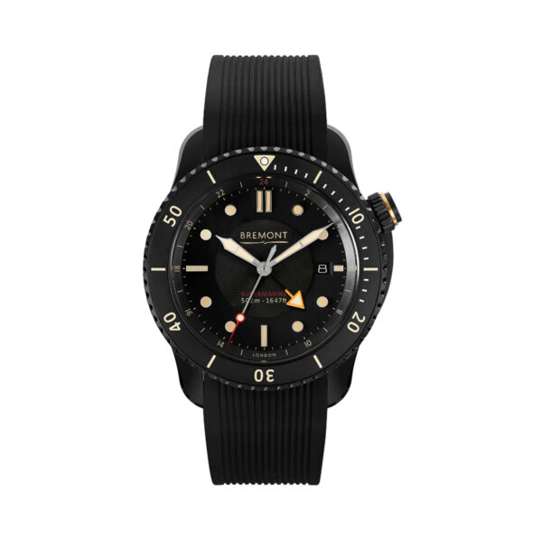Bremont, S502 Jet with a 43mm stainless steel and a black rubber strap featuring a date function with a black dial and ceramic bezel.