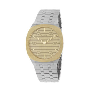 Gucci 25H with a 38mm stainless steel and 18ct yellow gold plated case featuring a brass gold coloured dial and with interlocking G motif.