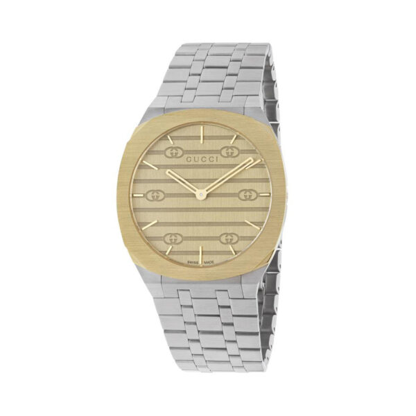 Gucci 25H with a 38mm stainless steel and 18ct yellow gold plated case featuring a brass gold coloured dial and with interlocking G motif.