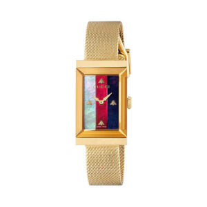 Gucci G-Frame with a 34 x 21mm stainless steel and gold PVD plated case and bracelet strap featuring a mother of pearl, red and blue striped dial.