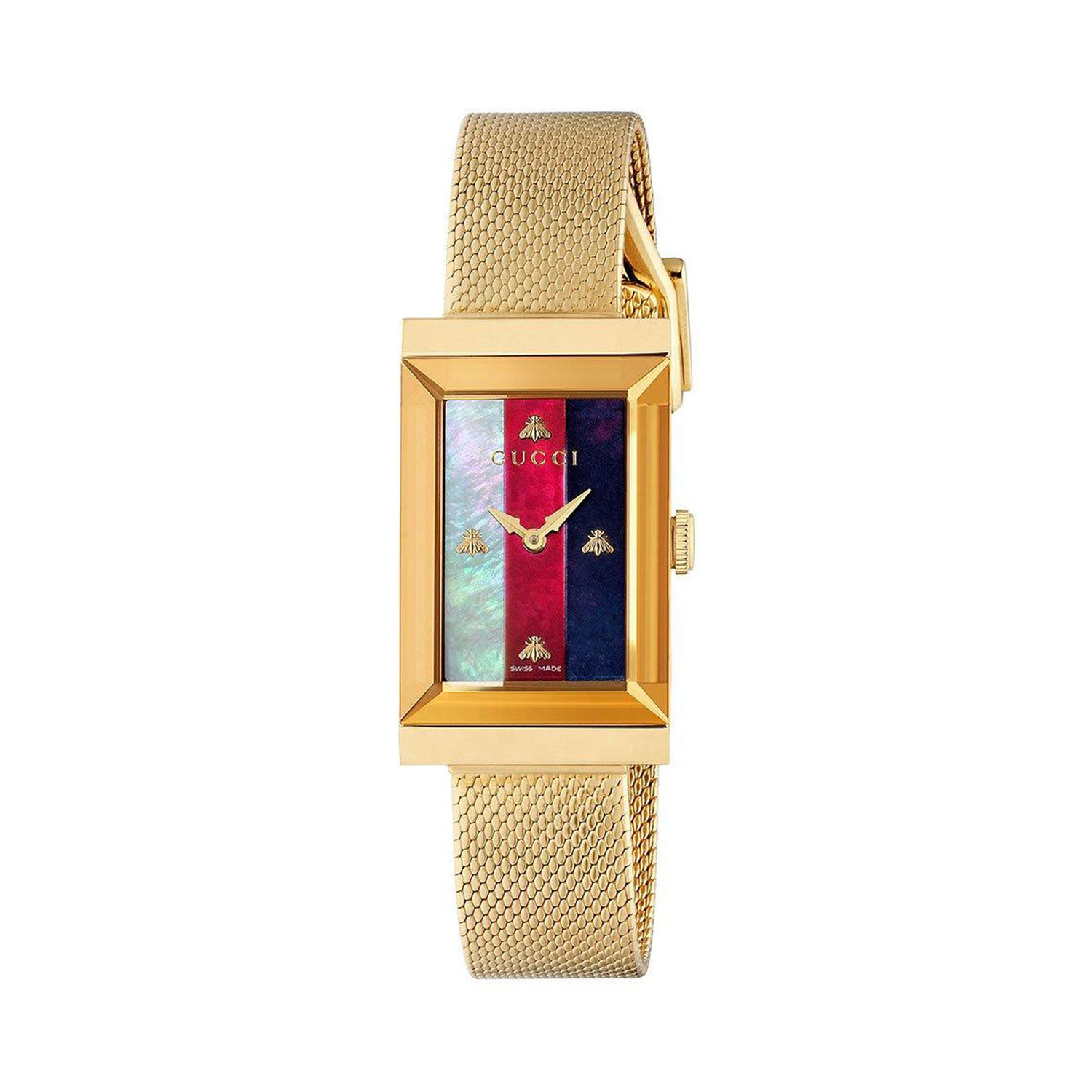 Gucci G-Frame with a 34 x 21mm stainless steel and gold PVD plated case and bracelet strap featuring a mother of pearl, red and blue striped dial.