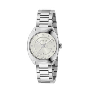 Gucci GG2570 with a 29mm stainless steel case and bracelet strap featuring a date function and diamond set silver dial.
