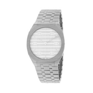 Gucci 25H with a 34mm stainless steel case and bracelet strap featuring a brass silver coloured dial with interlocking G motif.