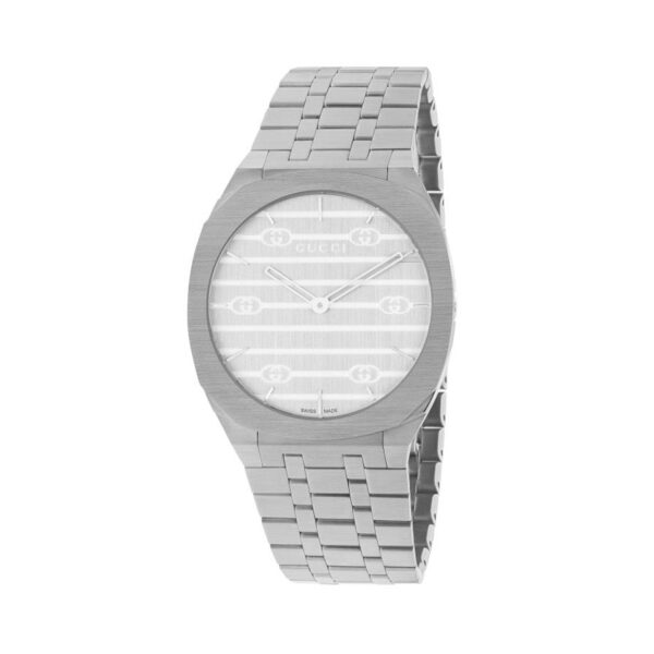 Gucci 25H with a 34mm stainless steel case and bracelet strap featuring a brass silver coloured dial with interlocking G motif.