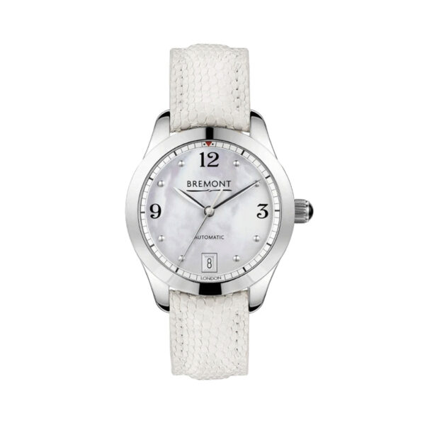 Bremont, Solo 34 with a 34mm polished stainless steel case and a white leather strap featuring a date function and a mother of pearl dial.