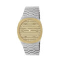 Gucci 25H with a 34mm stainless steel 18ct yellow gold plated case and bracelet strap featuring a brass gold coloured dial with an interlocking G motif.