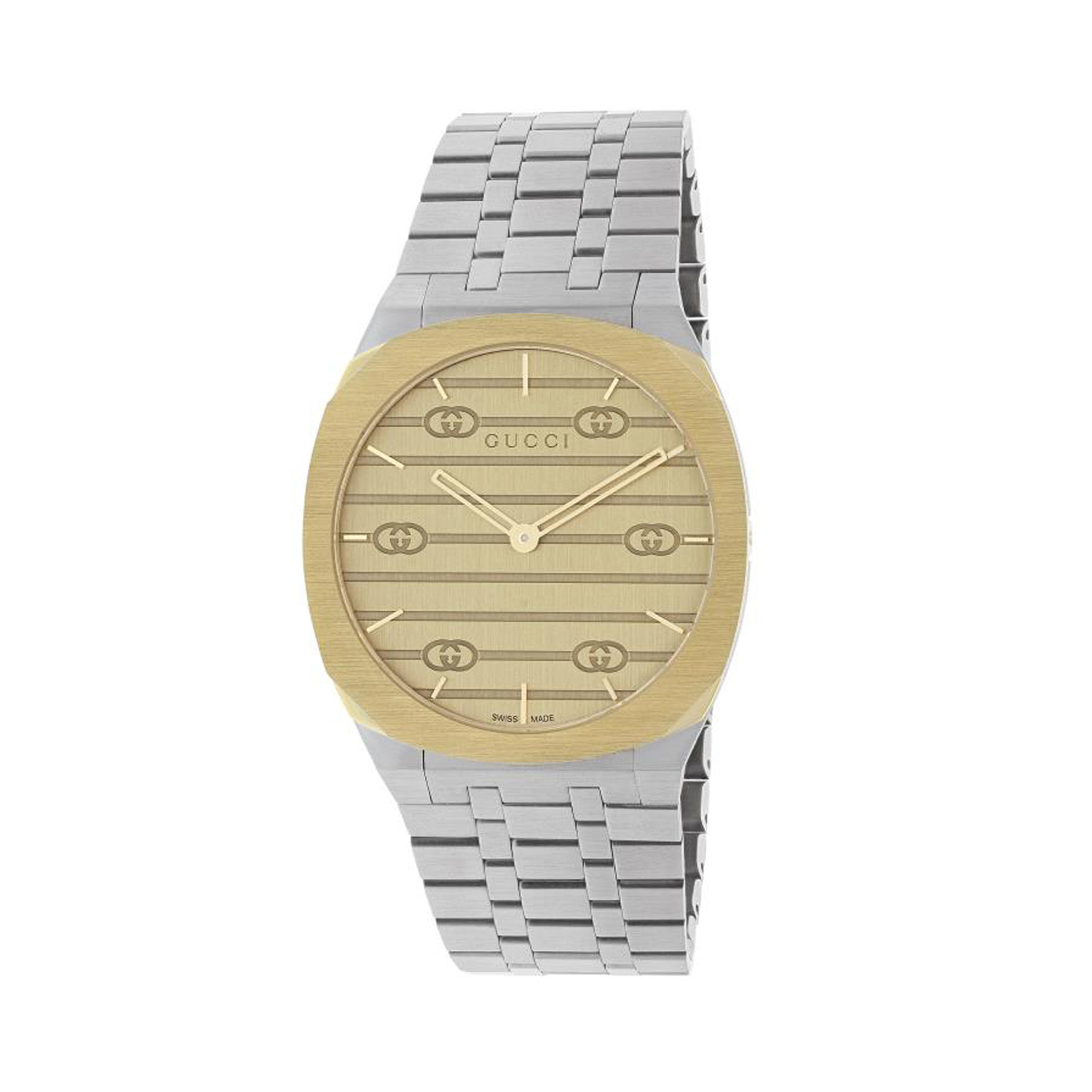 Gucci 25H with a 34mm stainless steel 18ct yellow gold plated case and bracelet strap featuring a brass gold coloured dial with an interlocking G motif.
