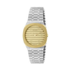 Gucci 25H with a 30mm stainless steel and 18ct yellow gold plated case and bracelet strap featuring a gold coloured dial with interlocking G motif.