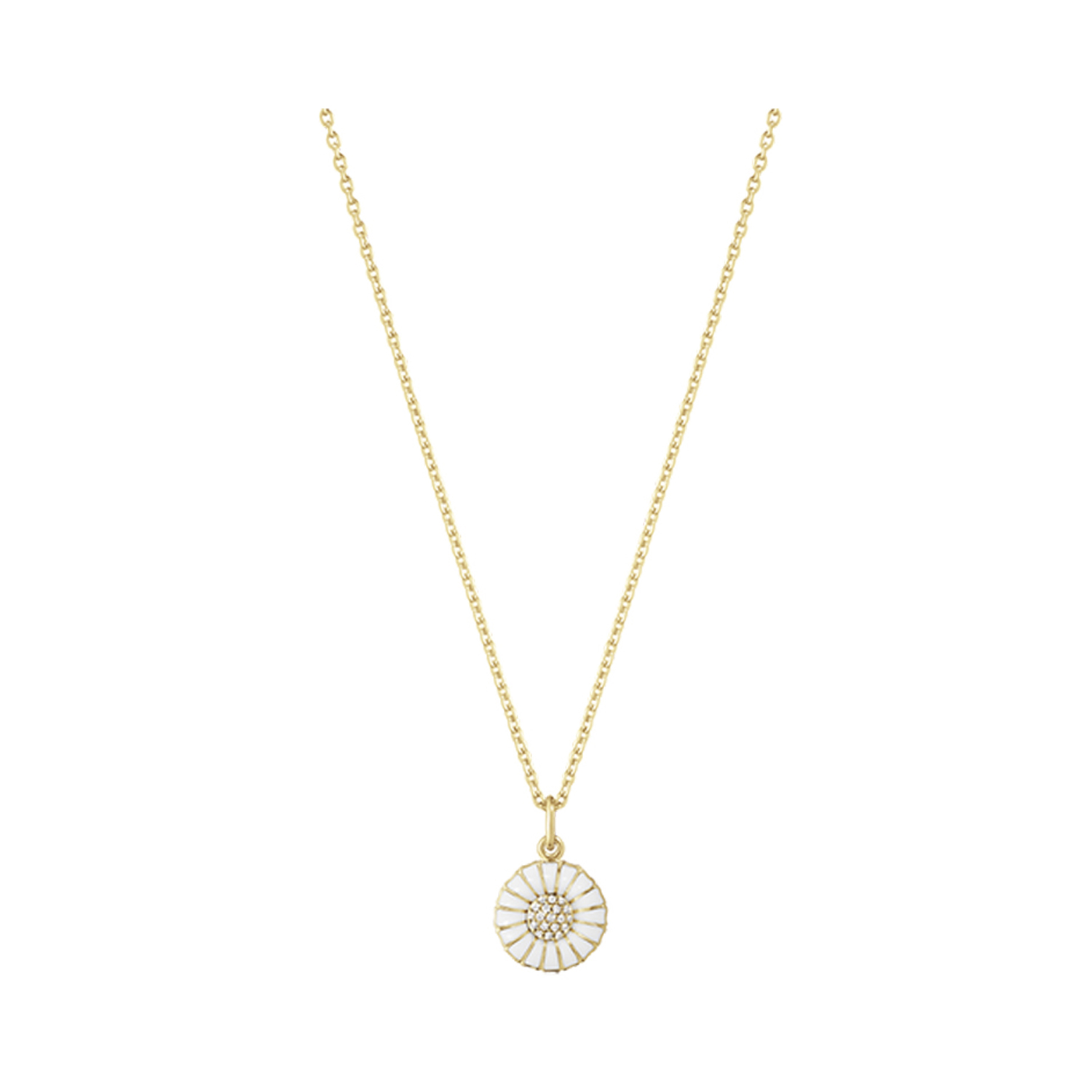 A gold-plated sterling silver white enamelled flower pendant and chain set with round brilliant cut diamonds, from Georg Jensen's Daisy collection.