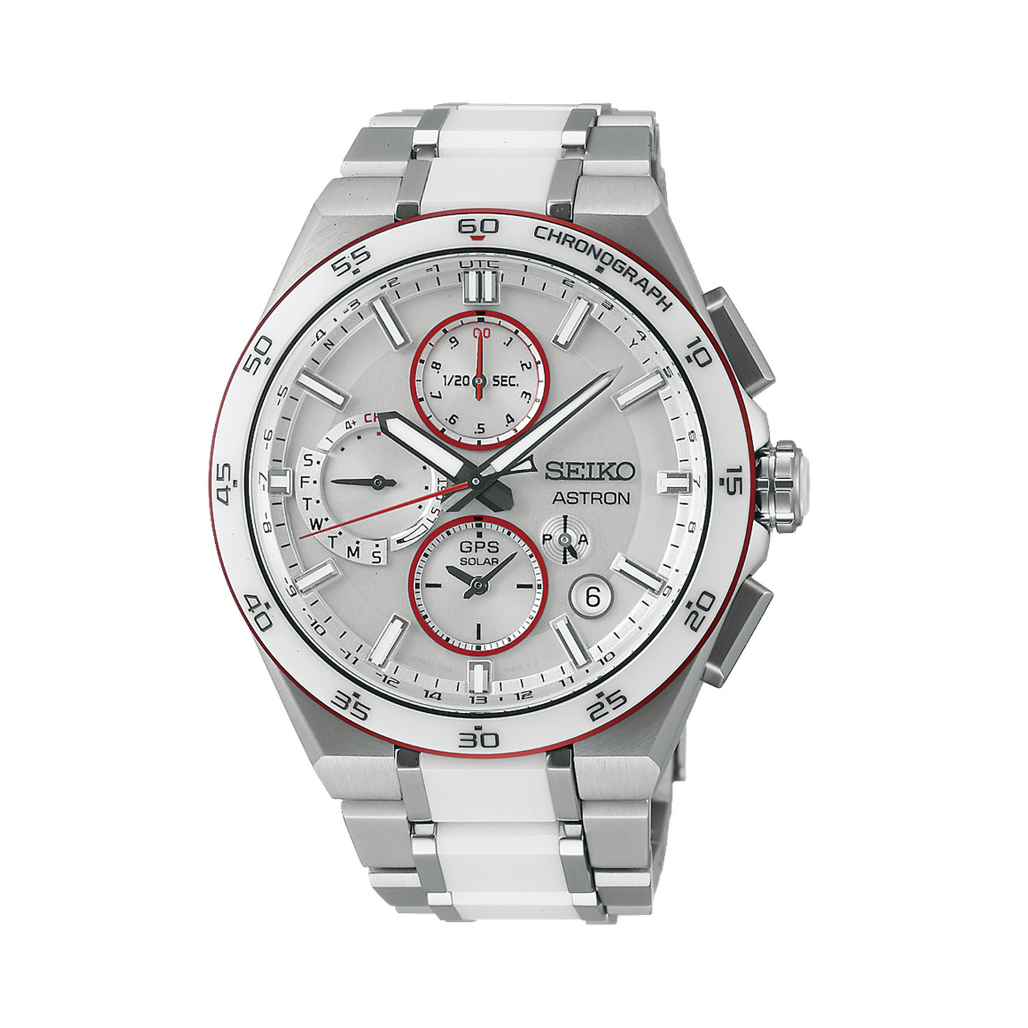 Seiko, Astron x Médecins Sans Frontières GPS Limited Edition with a 43.3mm titanium case and bracelet strap with a white ceramic insert featuring a date function, chronograph and GPS function with a silver dial and white ceramic/ aluminium bezel.