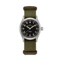 Hamilton, Khaki Field Black with a 38mm stainless steel case with a green NATO strap featuring a black dial with arabic numerals.