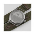Hamilton, Khaki Field Black with a 38mm stainless steel case with a green NATO strap featuring a black dial with arabic numerals.