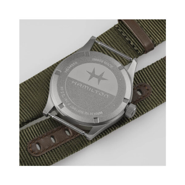 Hamilton, Khaki Field Black with a 38mm stainless steel case with a green NATO strap featuring a black dial with arabic numerals.