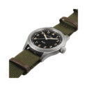 Hamilton, Khaki Field Black with a 38mm stainless steel case with a green NATO strap featuring a black dial with arabic numerals.
