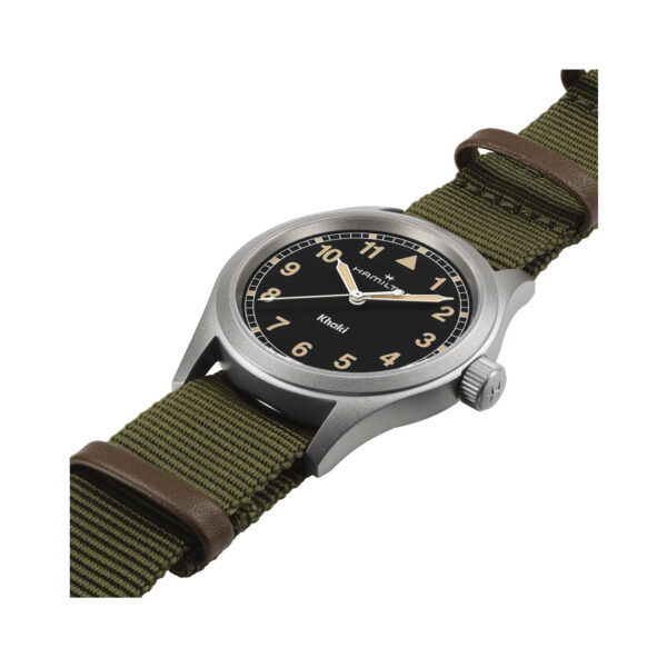 Hamilton, Khaki Field Black with a 38mm stainless steel case with a green NATO strap featuring a black dial with arabic numerals.