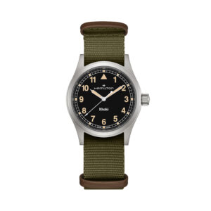 Hamilton, Khaki Field Black with a 38mm stainless steel case with a green NATO strap featuring a black dial with arabic numerals.