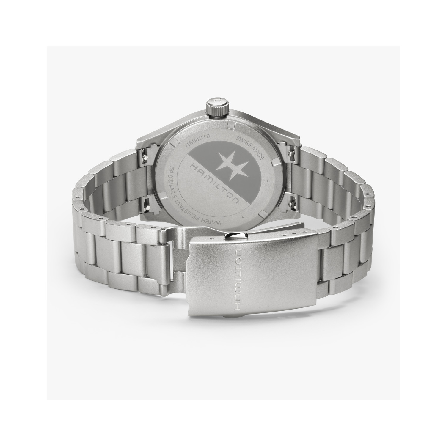 Hamilton, Khaki Field with a 38mm stainless steel case and bracelet strap featuring a black arabic dial.