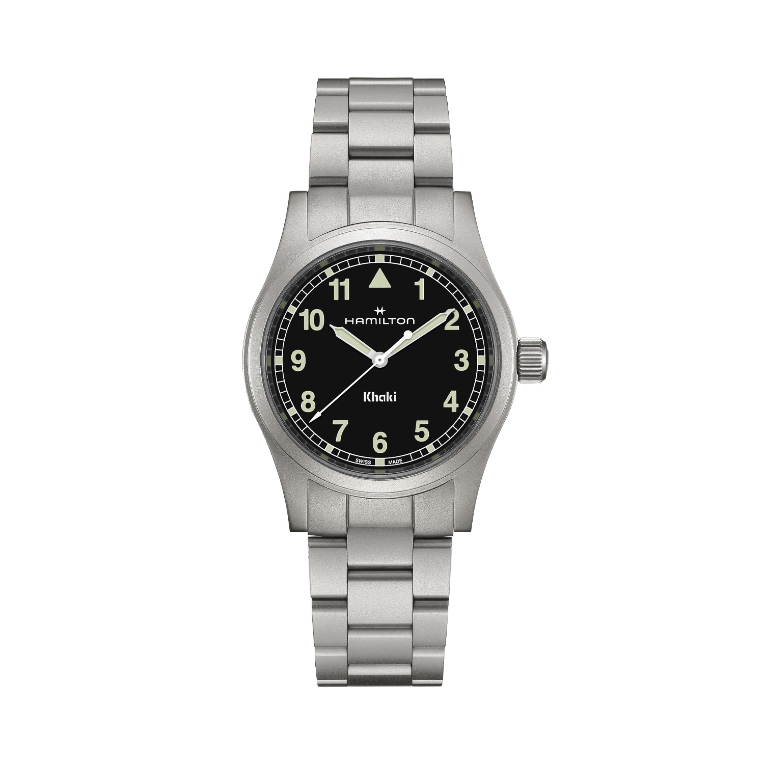 Hamilton, Khaki Field with a 38mm stainless steel case and bracelet strap featuring a black arabic dial.