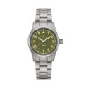 Hamilton, Khaki Field with a 38mm stainless steel case and bracelet strap featuring a green arabic numeral dial.