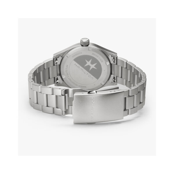 Hamilton, Khaki Field with a 38mm stainless steel case and bracelet strap featuring a green arabic numeral dial.