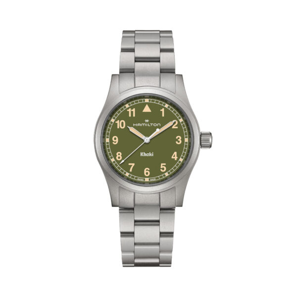 Hamilton, Khaki Field with a 38mm stainless steel case and bracelet strap featuring a green arabic numeral dial.