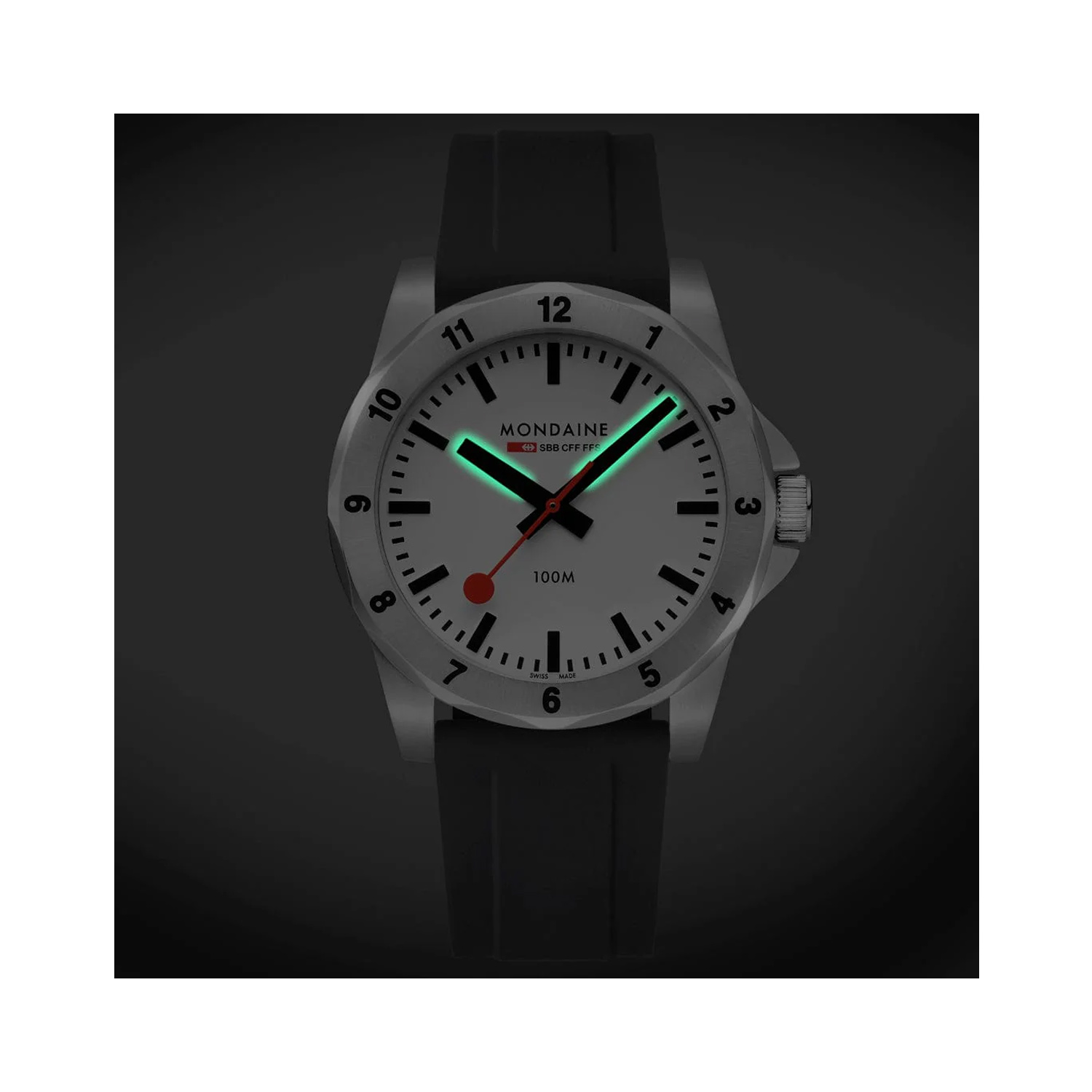 Mondaine, Numeri Black Silicone with a 42mm stainless steel case and a black silicone strap featuring a white dial and a stainless steel bezel.