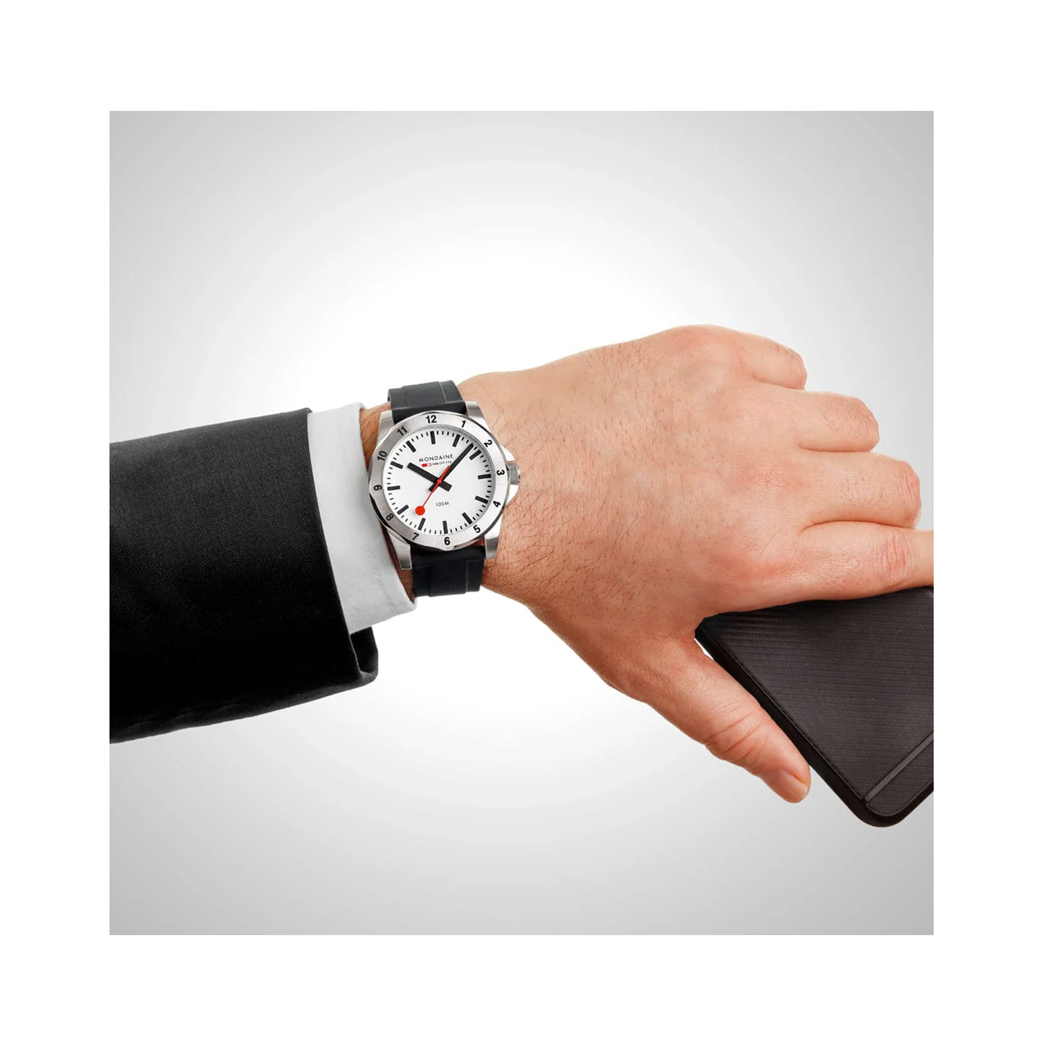 Mondaine, Numeri Black Silicone with a 42mm stainless steel case and a black silicone strap featuring a white dial and a stainless steel bezel.