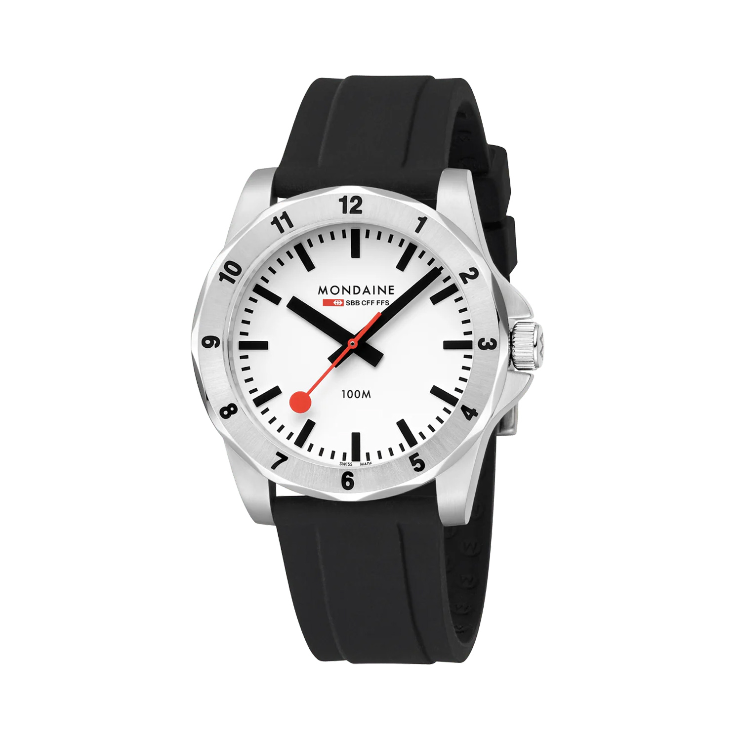 Mondaine, Numeri Black Silicone with a 42mm stainless steel case and a black silicone strap featuring a white dial and a stainless steel bezel.