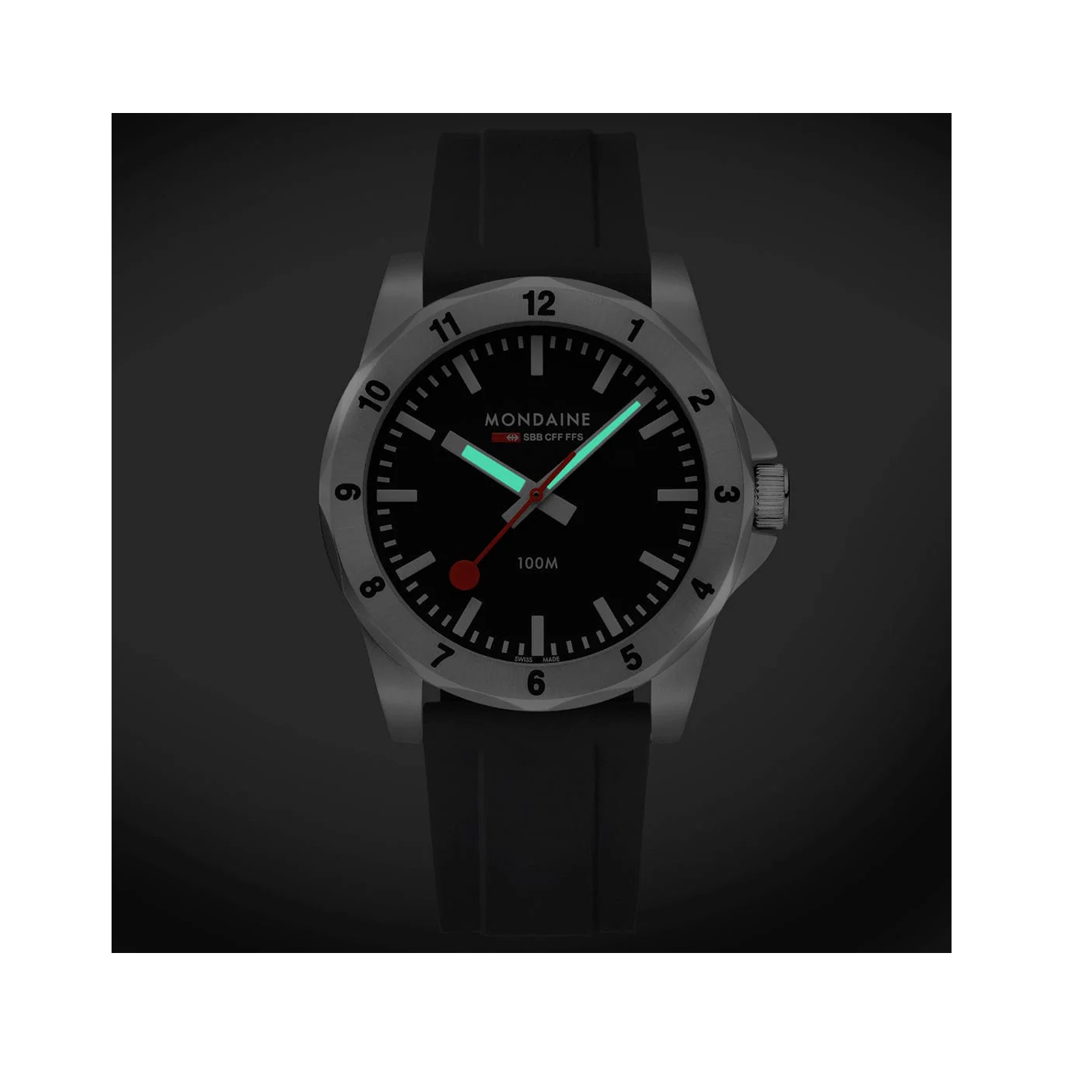 Mondaine, Numeri with a 42mm stainless steel dial and a black silicone strap featuring a black dial and a stainless steel bezel.