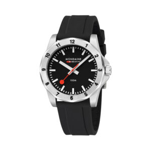 Mondaine, Numeri with a 42mm stainless steel dial and a black silicone strap featuring a black dial and a stainless steel bezel.