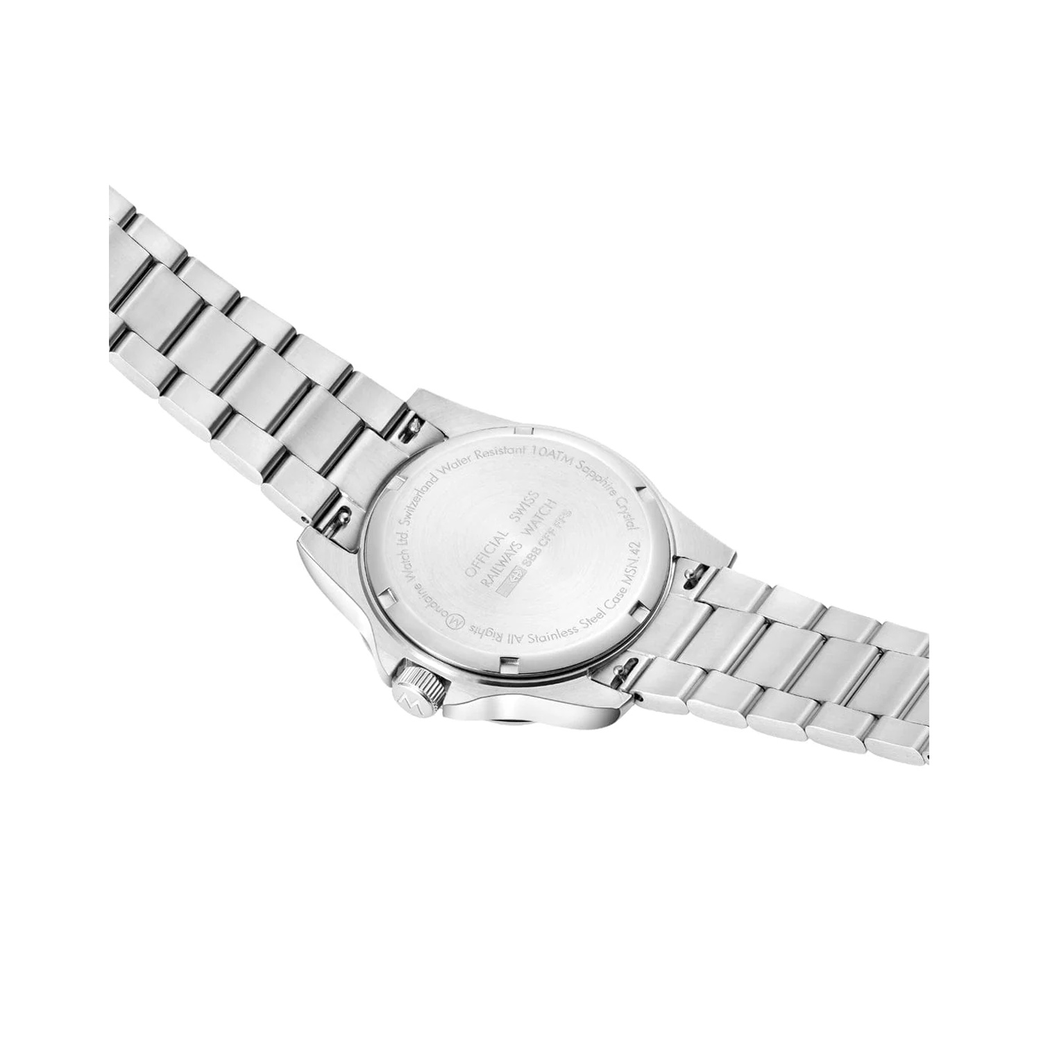 Mondaine, Numeri with a 42mm stainless steel case and bracelet strap featuring a white dial and stainless steel bezel.