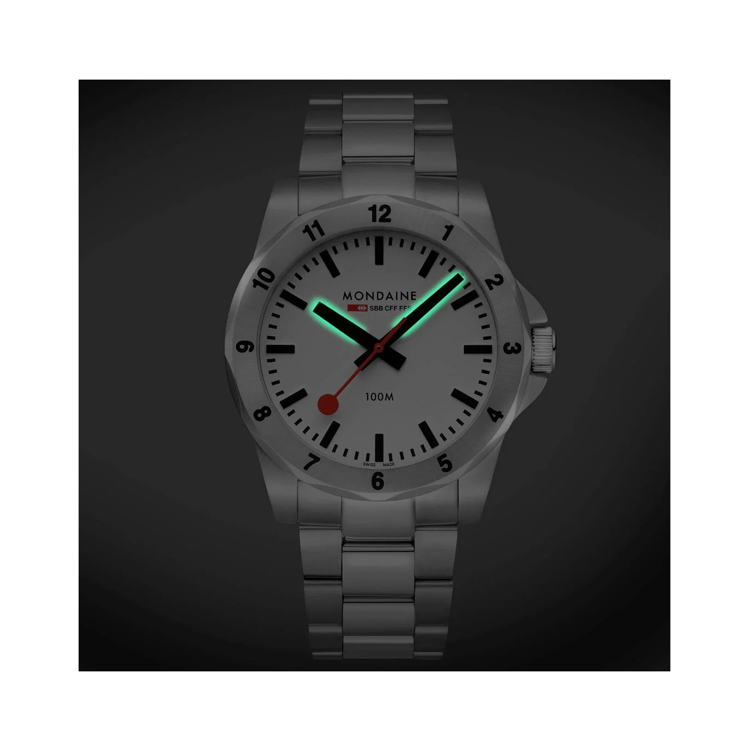 Mondaine, Numeri with a 42mm stainless steel case and bracelet strap featuring a white dial and stainless steel bezel.