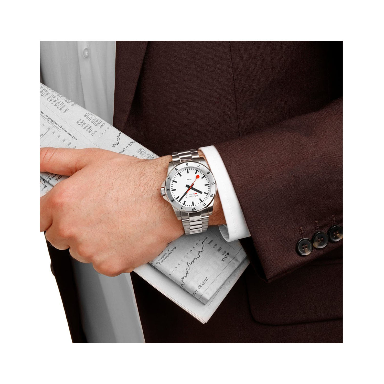Mondaine, Numeri with a 42mm stainless steel case and bracelet strap featuring a white dial and stainless steel bezel.