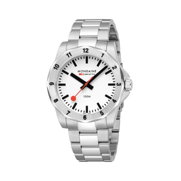 Mondaine, Numeri with a 42mm stainless steel case and bracelet strap featuring a white dial and stainless steel bezel.