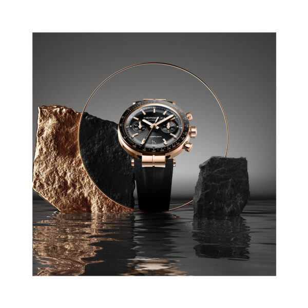 Herbelin, Newport Chronograph Heritage Limited Edition with a 42mm rose gold and black PVD coated case with a black leather strap featuring a date function, chronograph and a black dial and bezel.