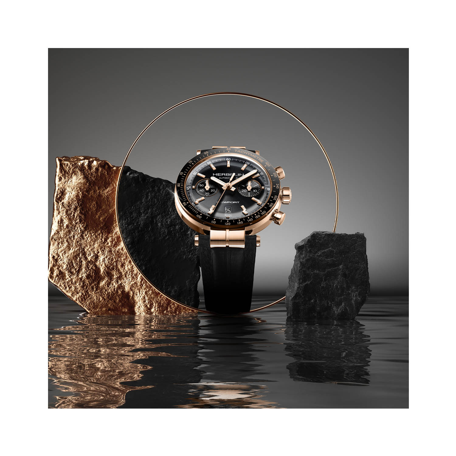 Herbelin, Newport Chronograph Heritage Limited Edition, Automatic Men's Watch Herbelin, Newport Chronograph Heritage Limited Edition with a 42mm rose gold and black PVD coated case with a black leather strap featuring a date function, chronograph and a black dial and bezel.