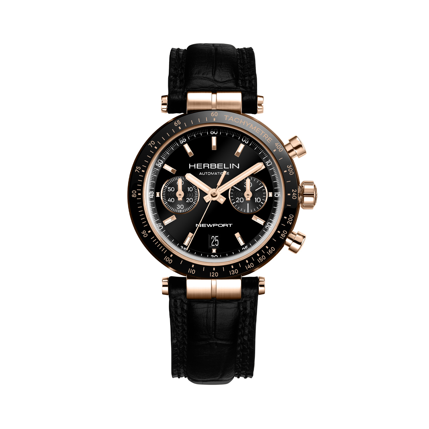 Herbelin, Newport Chronograph Heritage Limited Edition, Automatic Men's Watch Herbelin, Newport Chronograph Heritage Limited Edition with a 42mm rose gold and black PVD coated case with a black leather strap featuring a date function, chronograph and a black dial and bezel.