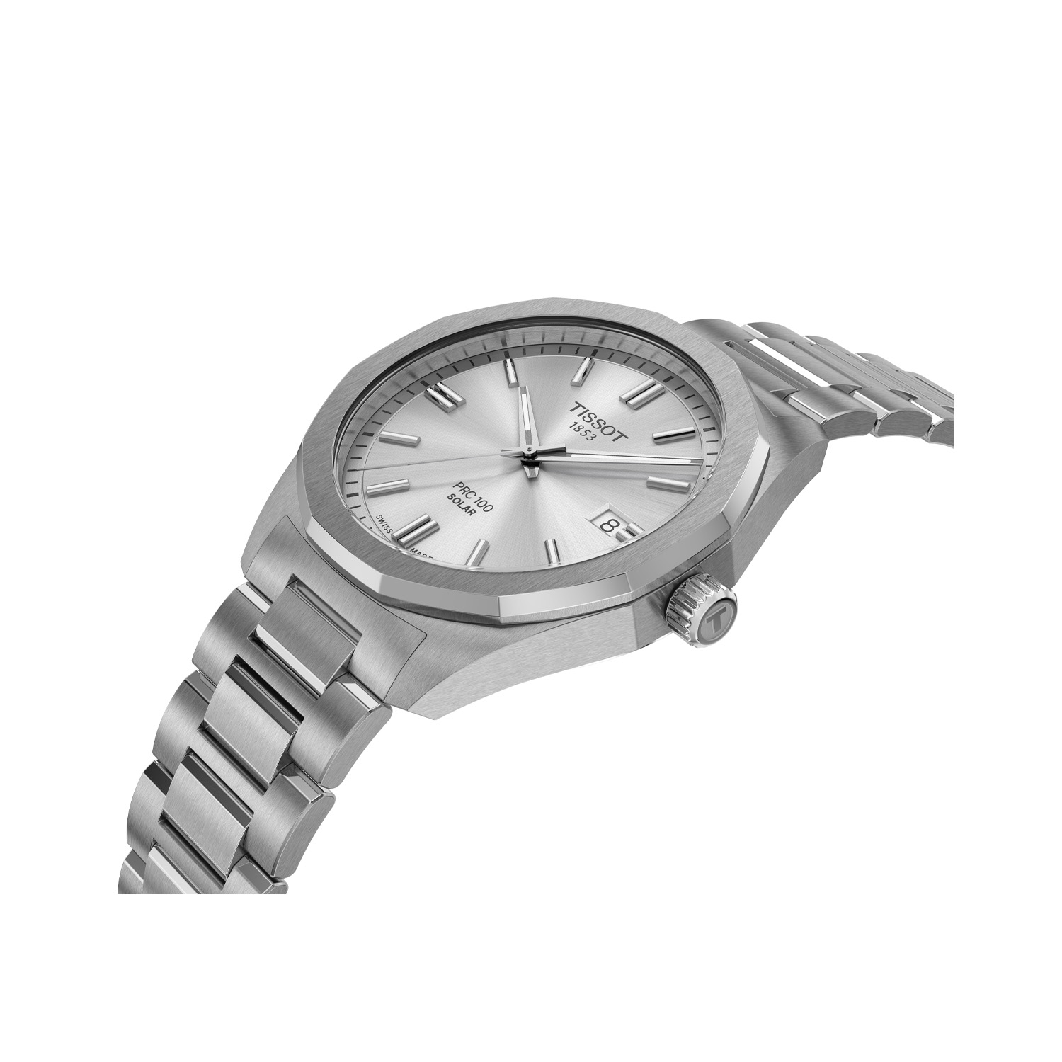 Tissot, PRC 100 Silver with a 39mm stainless steel case and bracelet strap featuring a date function and a silver dial.
