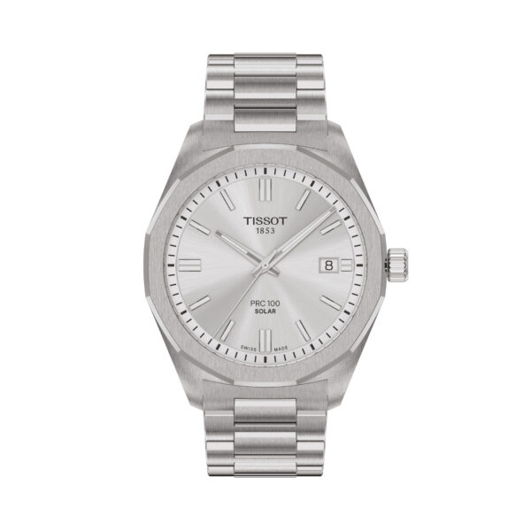 Tissot, PRC 100 Silver with a 39mm stainless steel case and bracelet strap featuring a date function and a silver dial.