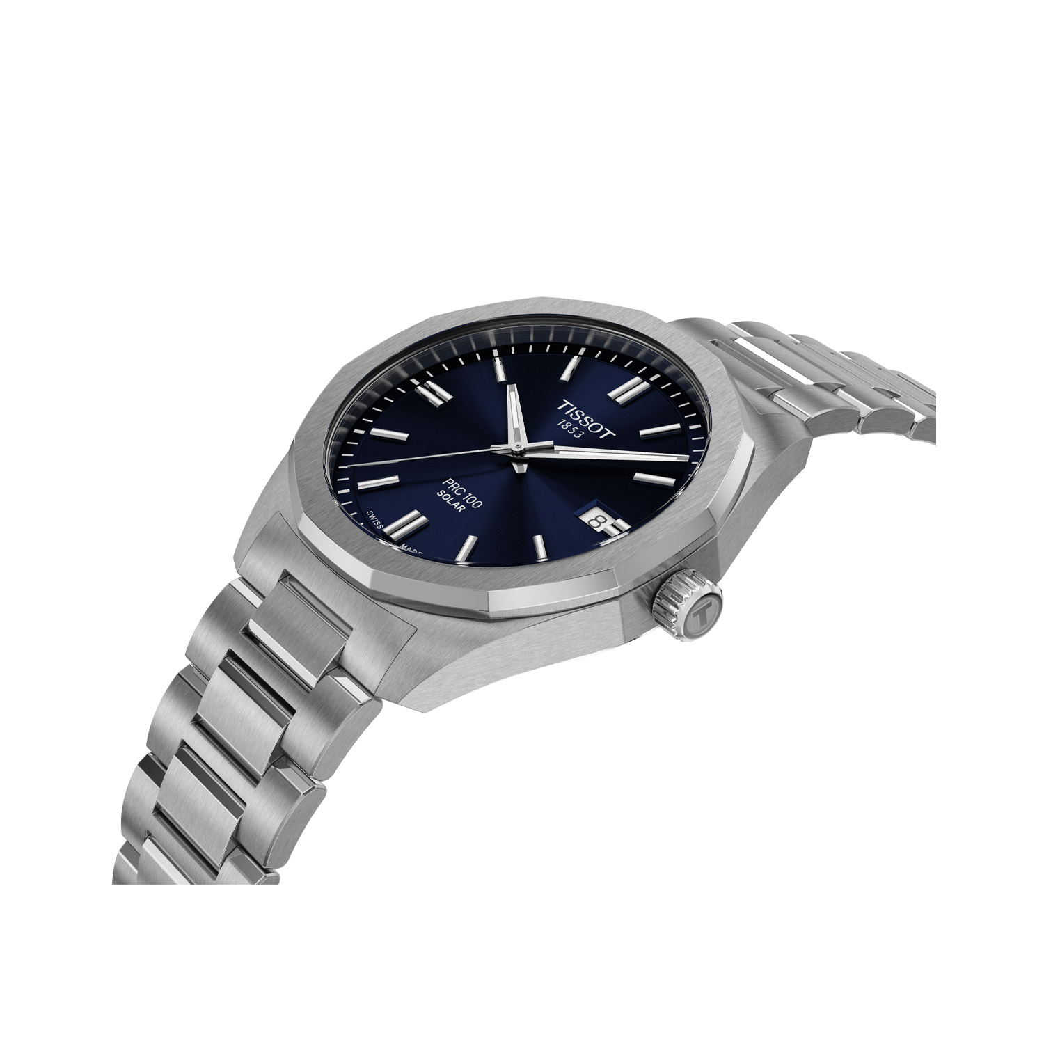 Tissot, PRC 100 Blue with a 39mm stainless steel case and bracelet strap featuring a date function and a navy blue dial.