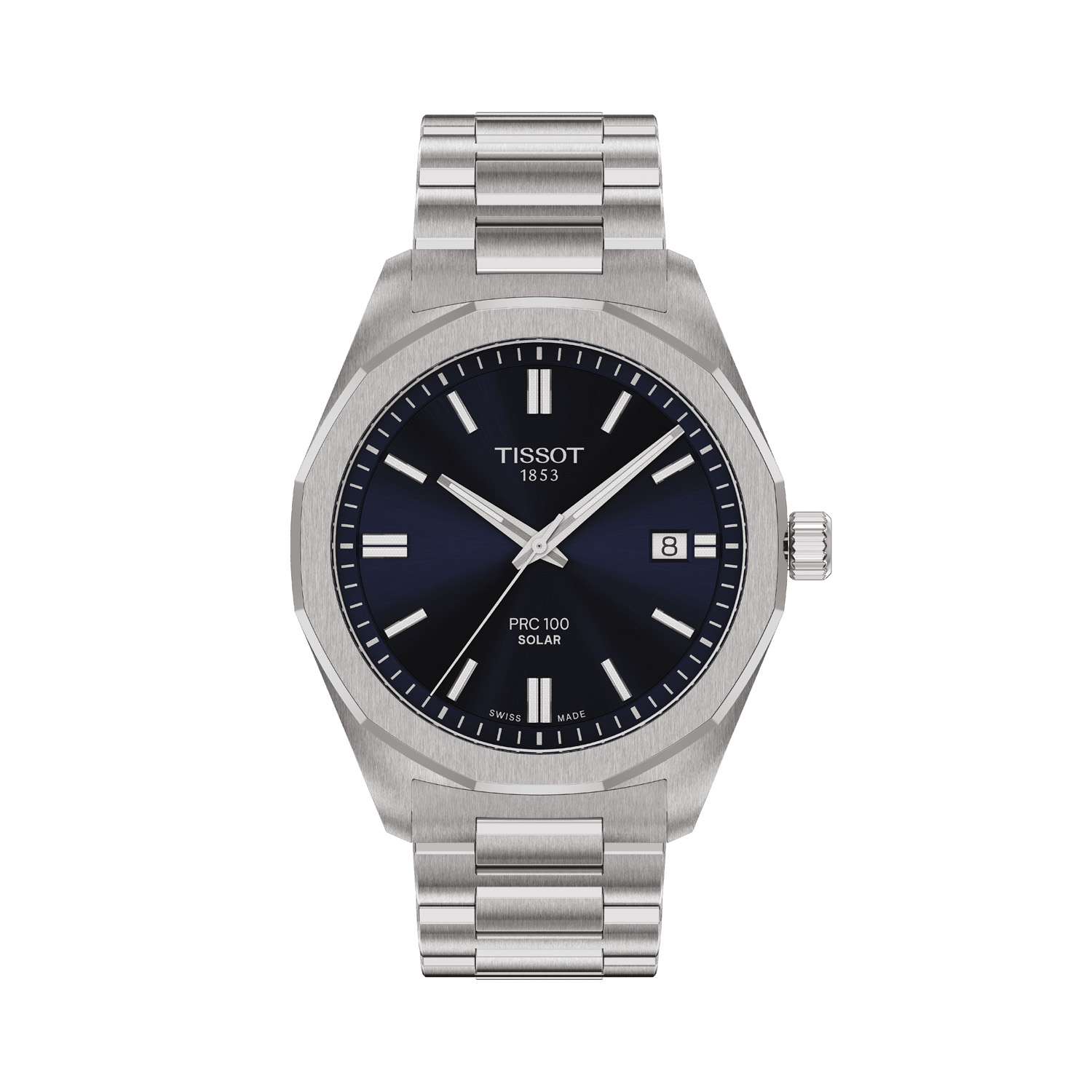 Tissot, PRC 100 Blue with a 39mm stainless steel case and bracelet strap featuring a date function and a navy blue dial.