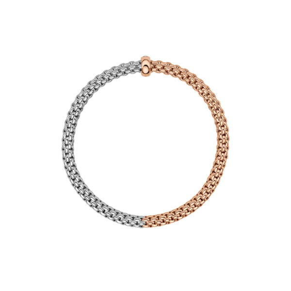 An 18ct white and rose gold Flex'It bracelet with a single rose gold diamond set rondel belonging to FOPE's Solo collection.