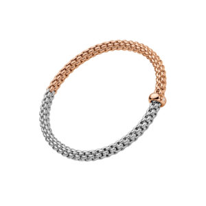 An 18ct white and rose gold Flex'It bracelet with a single rose gold diamond set rondel belonging to FOPE's Solo collection.