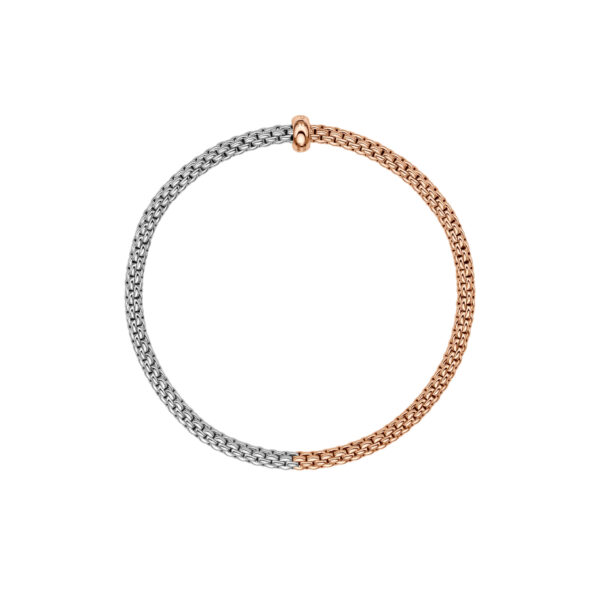 An 18ct white and rose gold Flex'It bracelet with a single rose gold diamond set rondel belonging to FOPE's Prima collection.