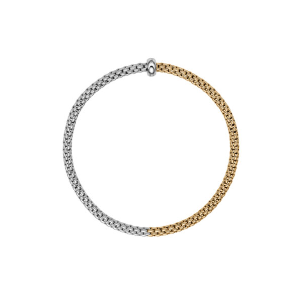 An 18ct white and yellow gold Flex'It bracelet with a single white gold diamond set rondel belonging to FOPE's Prima collection.