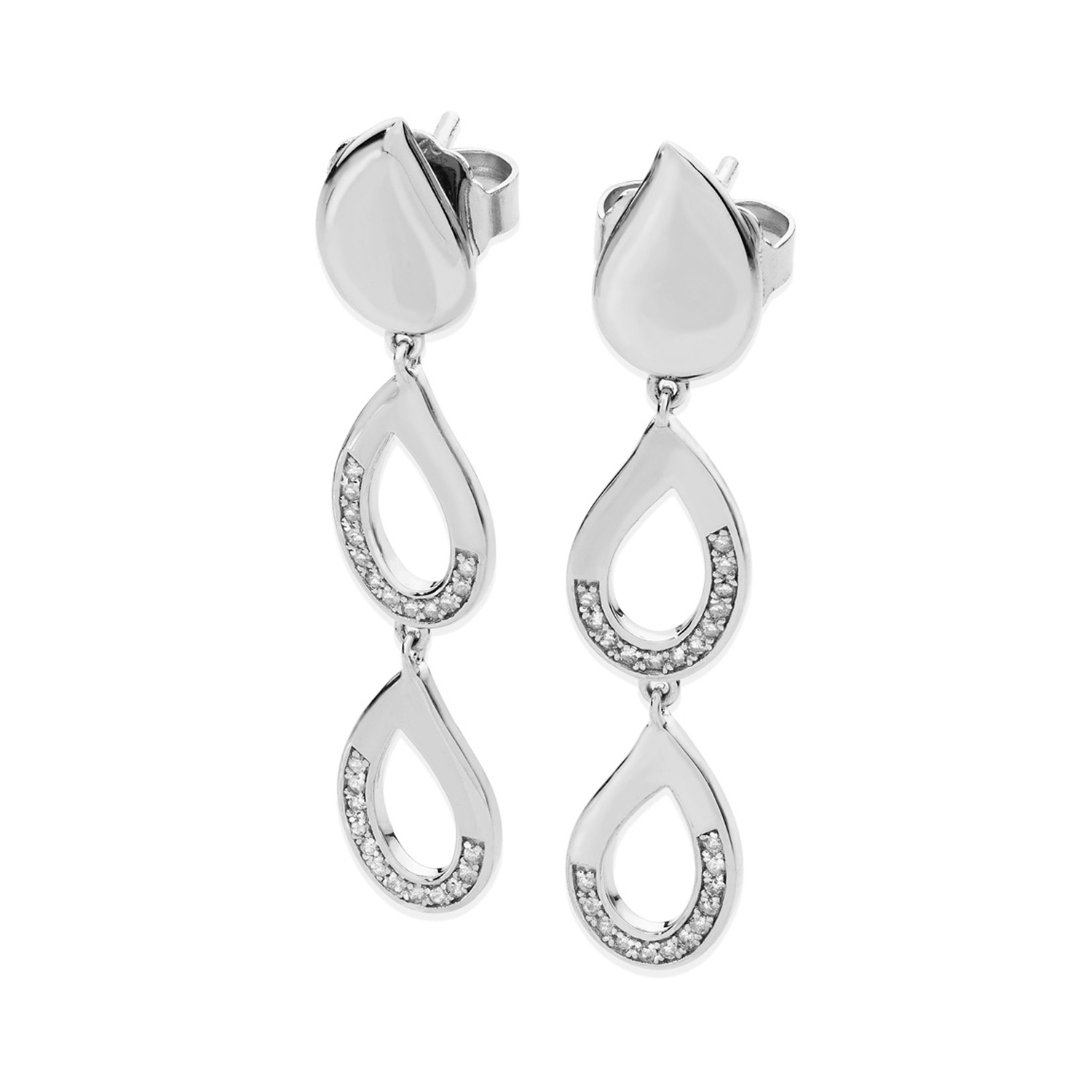 A pair of sterling silver melting drop earrings set with diamonds from Lucy Quartermaine's Drop collection, for pierced ears.