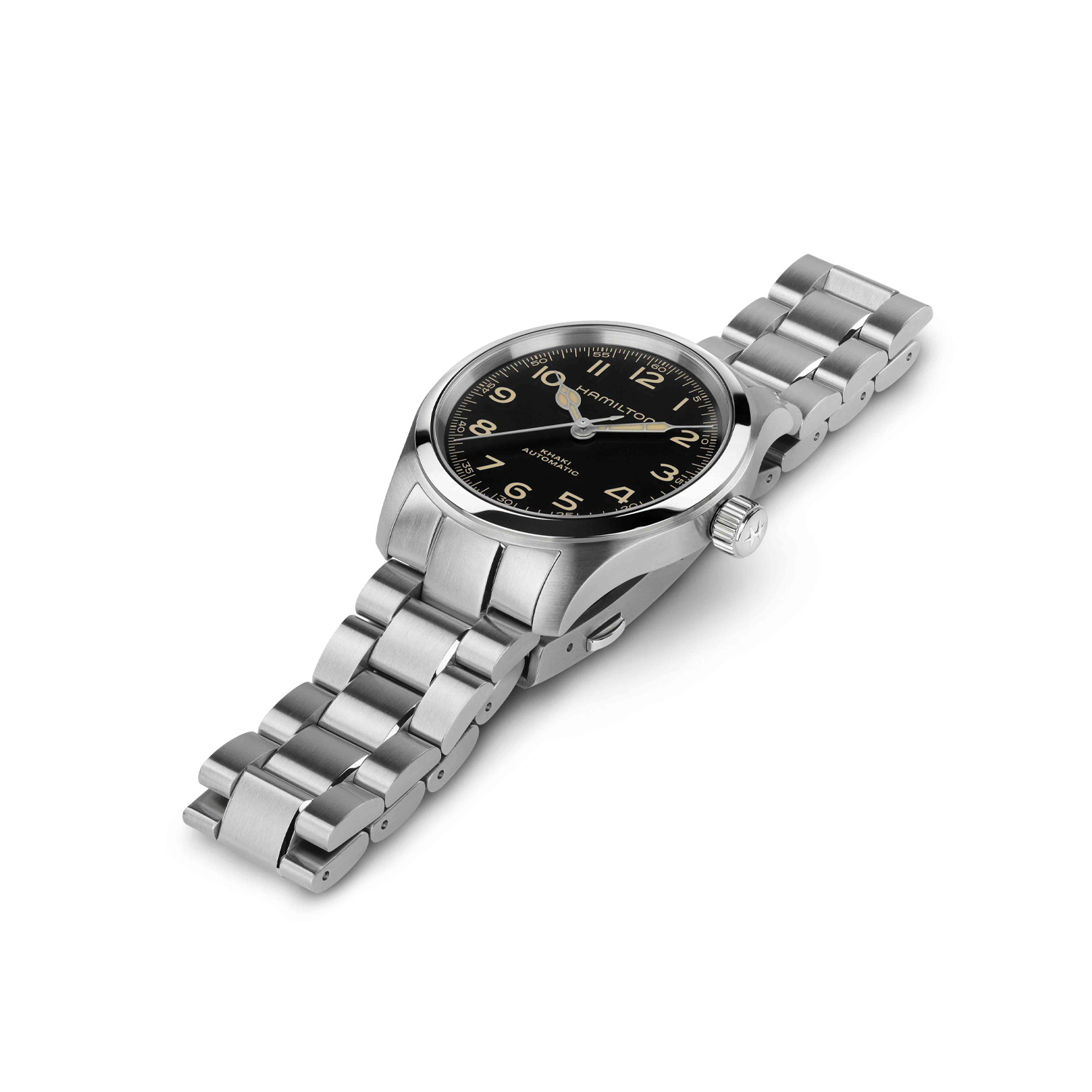 Hamilton, Khaki Field Murph with a 38mm stainless steel dial and bracelet strap featuring a black arabic numeral dial.