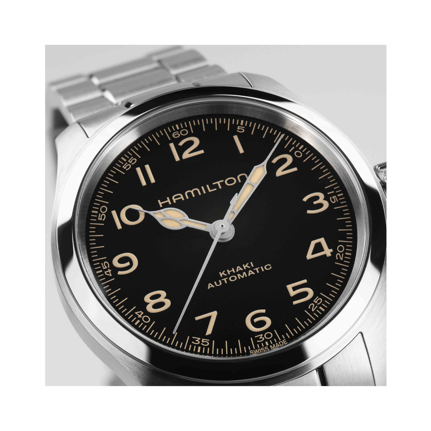 Hamilton, Khaki Field Murph with a 38mm stainless steel dial and bracelet strap featuring a black arabic numeral dial.